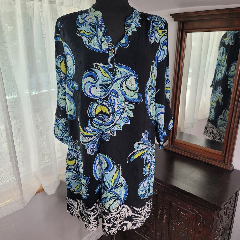 Kaari Blue Paisley Breezy Shift Dress Black Blue Green Sz 12 Roll Tab Sleeves
